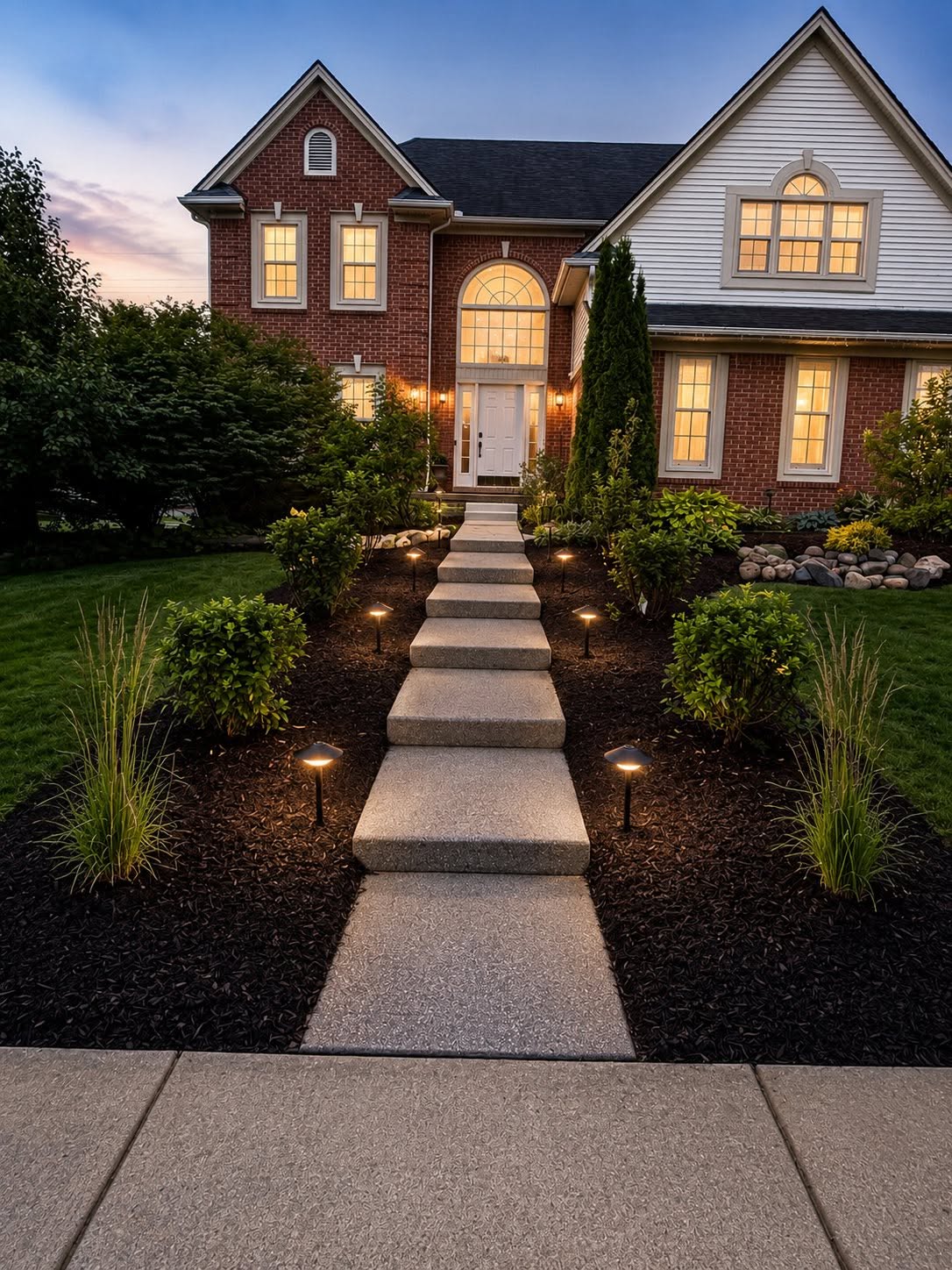 Front porch walkway and steps lit at dusk