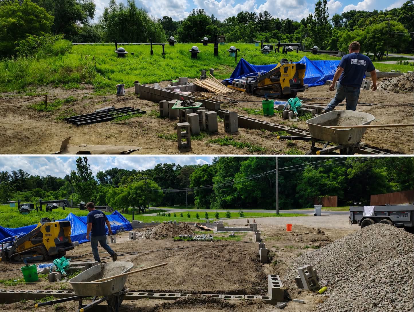 Block work layout with base stone and forms in progress